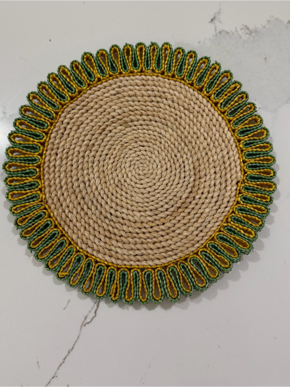 Vintage Handwoven Round Placemat or trivet with Green and Yellow Trim